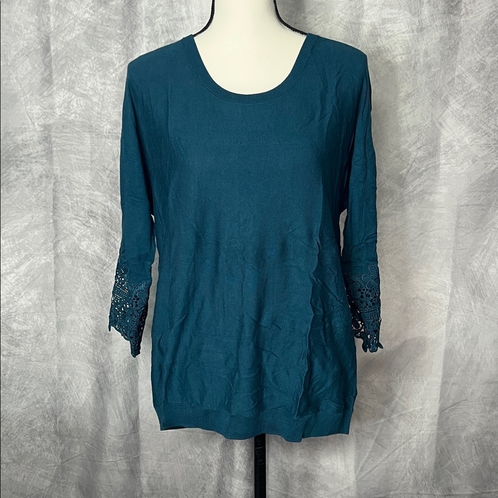 Talbots Petites Teal Tunic Scoop Neck Sweater with Lace Sleeve Detail - LP